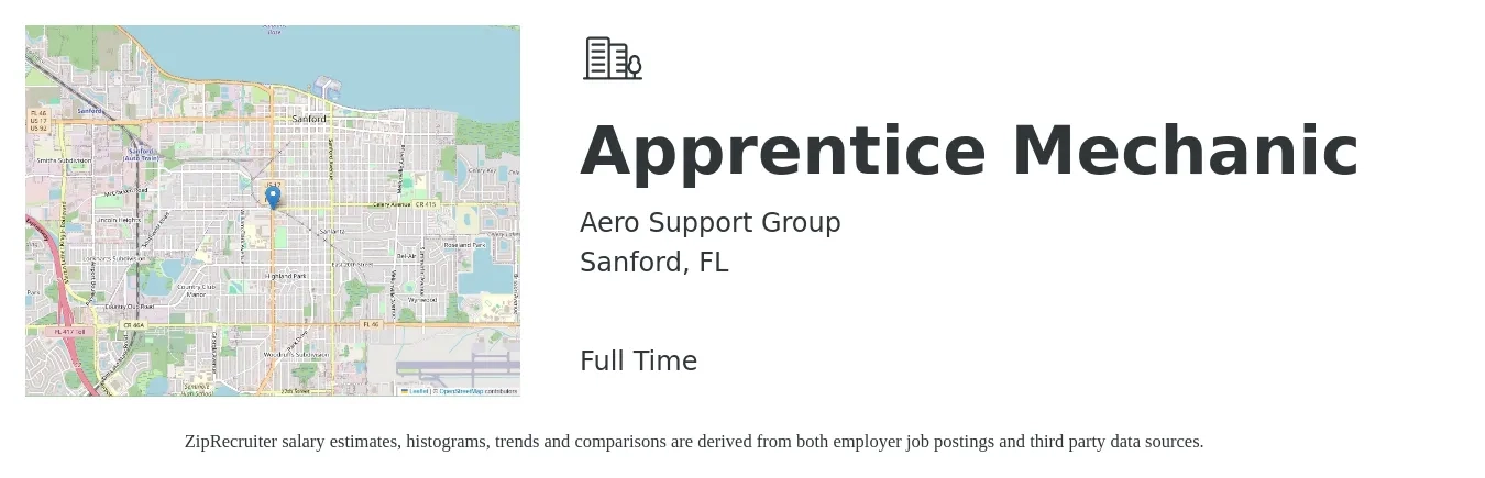 Aero Support Group job posting for a Apprentice Mechanic in Sanford, FL with a salary of $15 to $17 Hourly with a map of Sanford location.