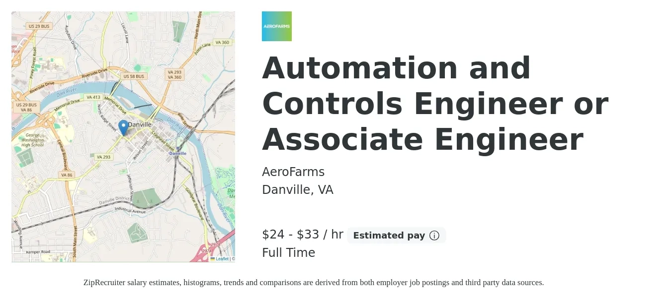 AeroFarms job posting for a Automation and Controls Engineer or Associate Engineer in Danville, VA with a salary of $25 to $35 Hourly with a map of Danville location.