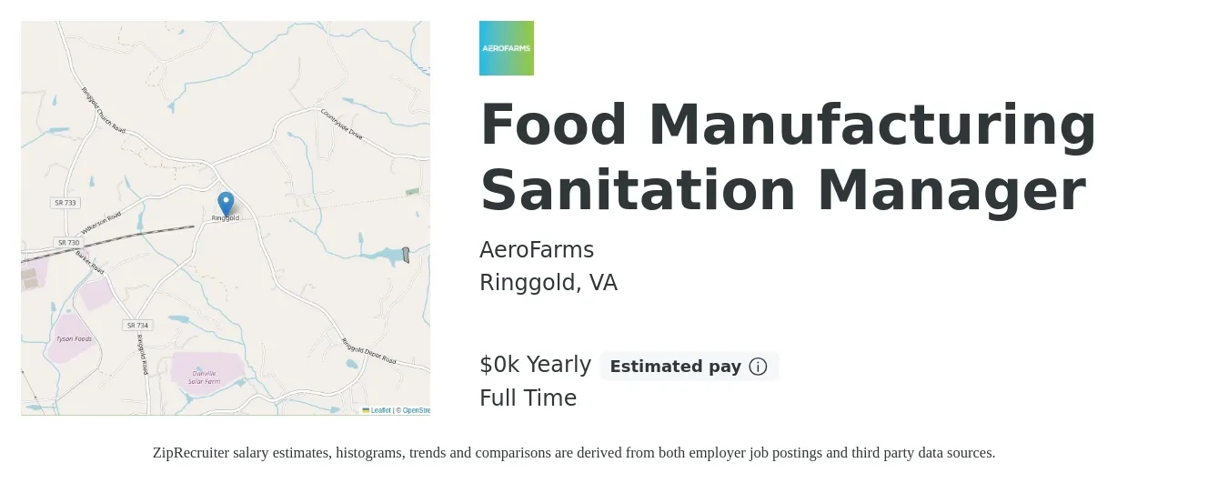 AeroFarms job posting for a Food Manufacturing Sanitation Manager in Ringgold, VA with a salary of $60 to $78 Yearly with a map of Ringgold location.