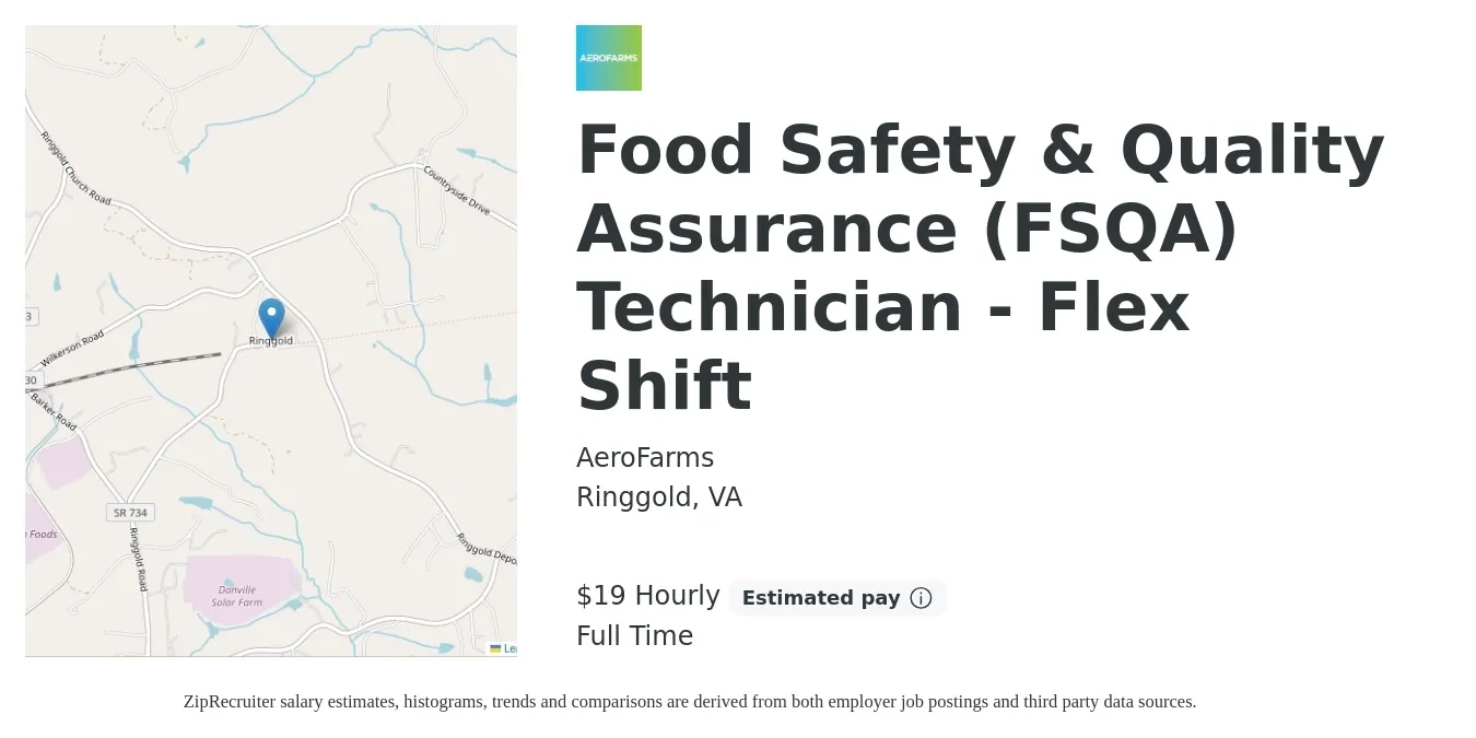 AeroFarms job posting for a Food Safety & Quality Assurance (FSQA) Technician - Flex Shift in Ringgold, VA with a salary of $20 Hourly with a map of Ringgold location.