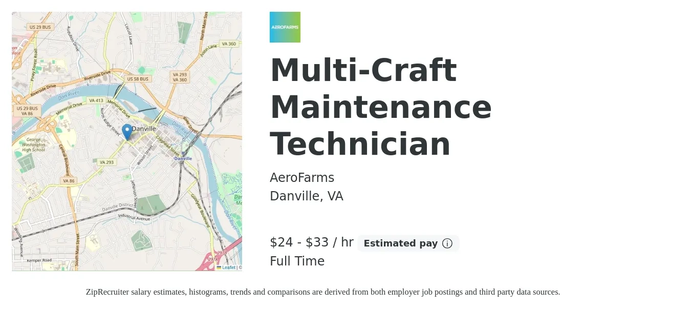 AeroFarms job posting for a Multi-Craft Maintenance Technician in Danville, VA with a salary of $25 to $35 Hourly with a map of Danville location.