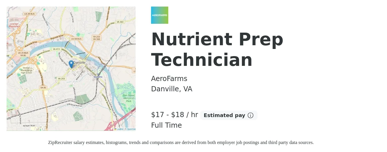 AeroFarms job posting for a Nutrient Prep Technician in Danville, VA with a salary of $18 to $19 Hourly with a map of Danville location.