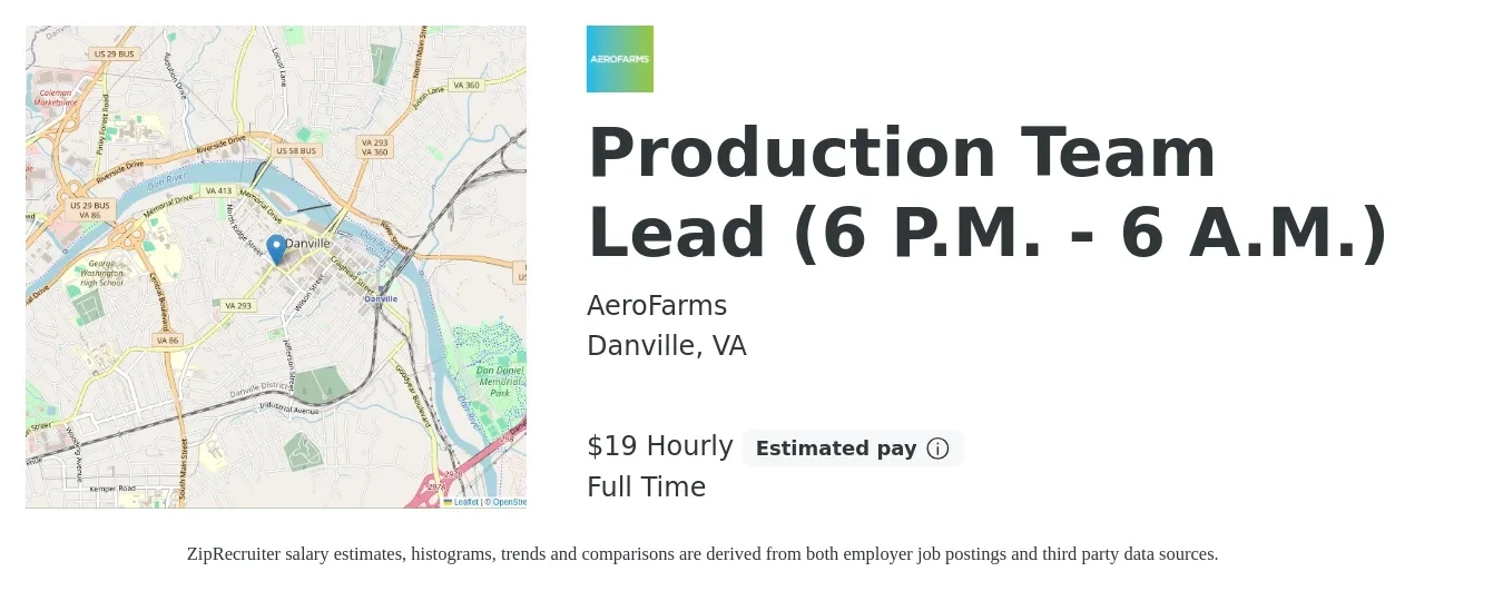 AeroFarms job posting for a Production Team Lead (6 P.M. - 6 A.M.) in Danville, VA with a salary of $20 Hourly with a map of Danville location.