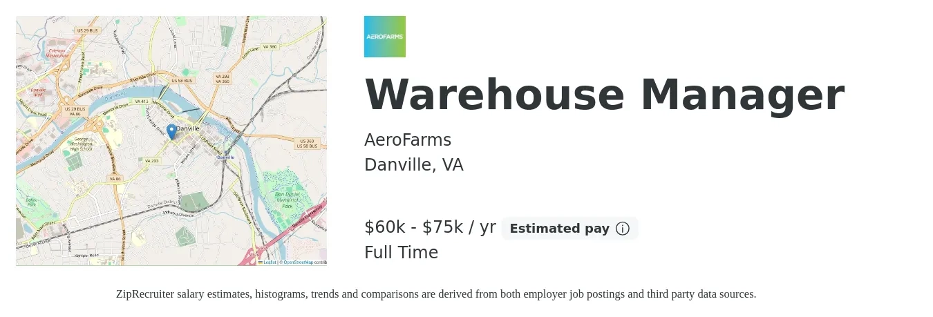 AeroFarms job posting for a Warehouse Manager in Danville, VA with a salary of $60,000 to $75,000 Yearly with a map of Danville location.