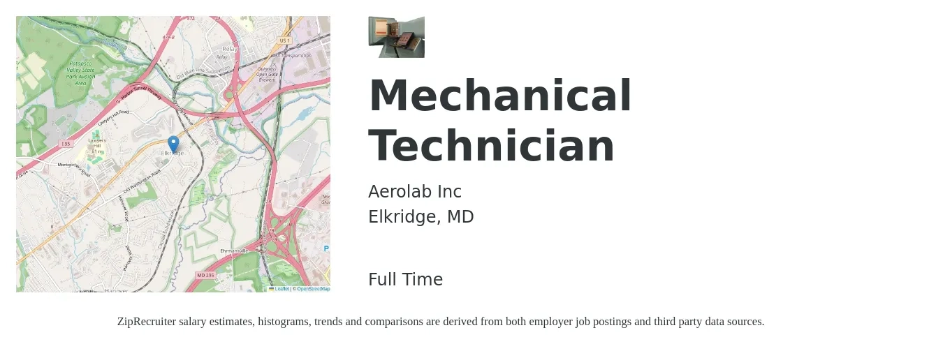 Aerolab Inc job posting for a Mechanical Technician in Elkridge, MD with a salary of $20 to $29 Hourly with a map of Elkridge location.