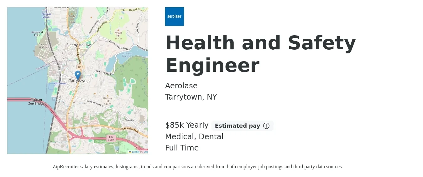 Aerolase job posting for a Health and Safety Engineer in Tarrytown, NY with a salary of $85,030 Yearly and benefits including dental, life_insurance, medical, pto, and retirement with a map of Tarrytown location.