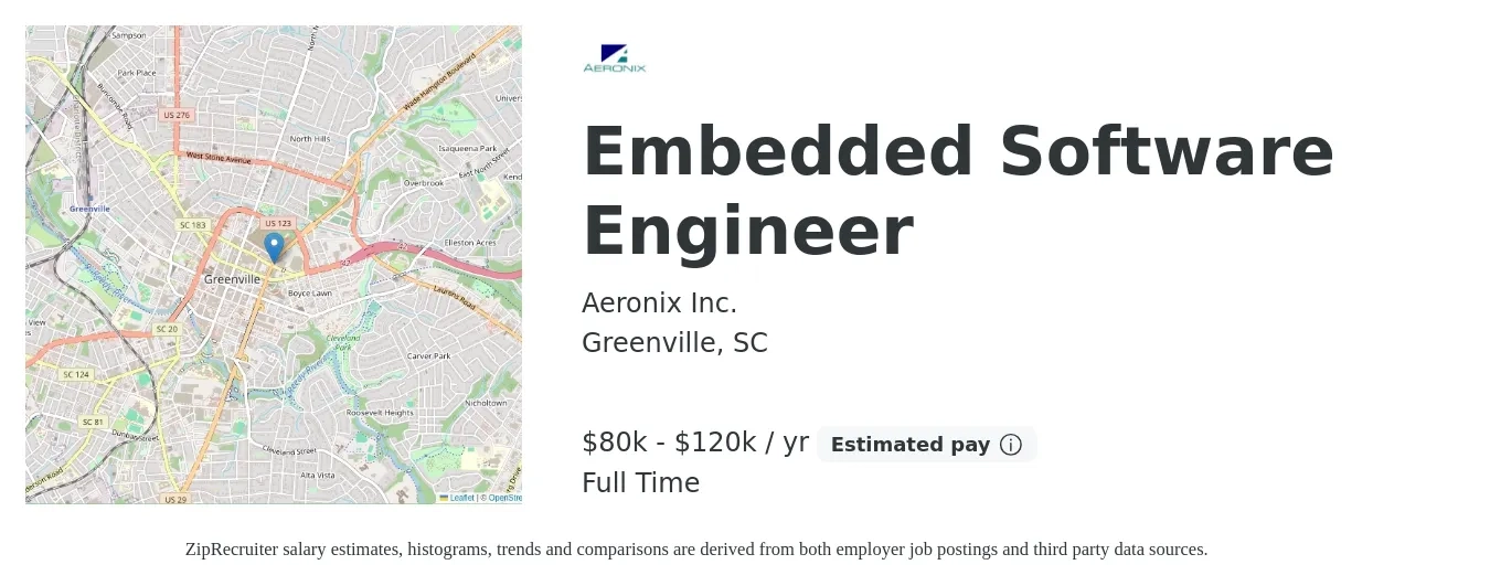 Aeronix Inc. job posting for a Embedded Software Engineer in Greenville, SC with a salary of $80,000 to $120,000 Yearly with a map of Greenville location.