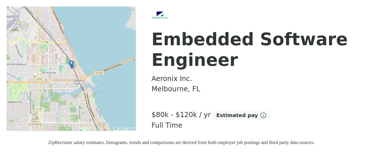 Aeronix Inc. job posting for a Embedded Software Engineer in Melbourne, FL with a salary of $80,000 to $120,000 Yearly with a map of Melbourne location.