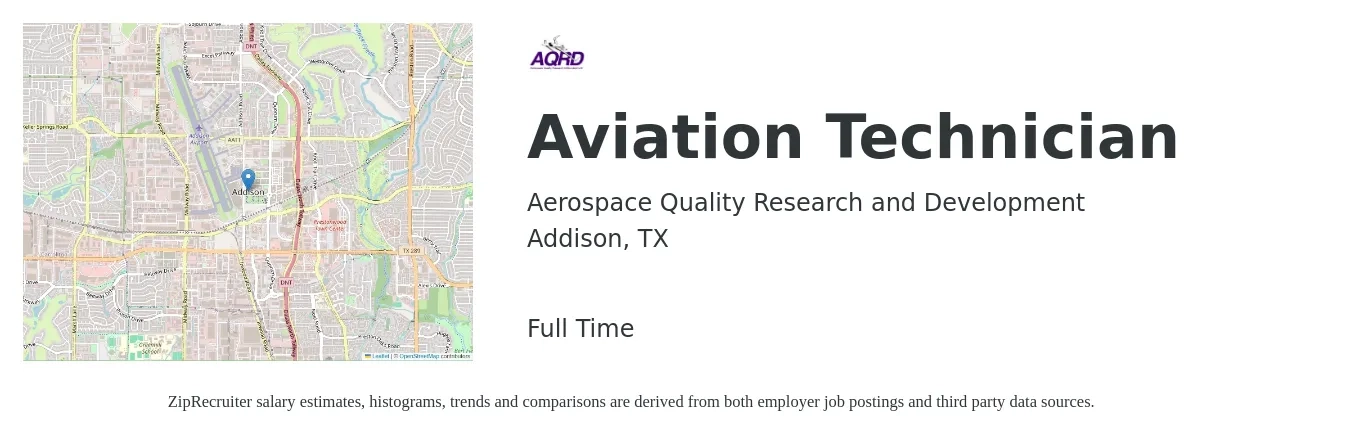 Aerospace Quality Research and Development job posting for a Aviation Technician in Addison, TX with a salary of $16 to $24 Hourly with a map of Addison location.