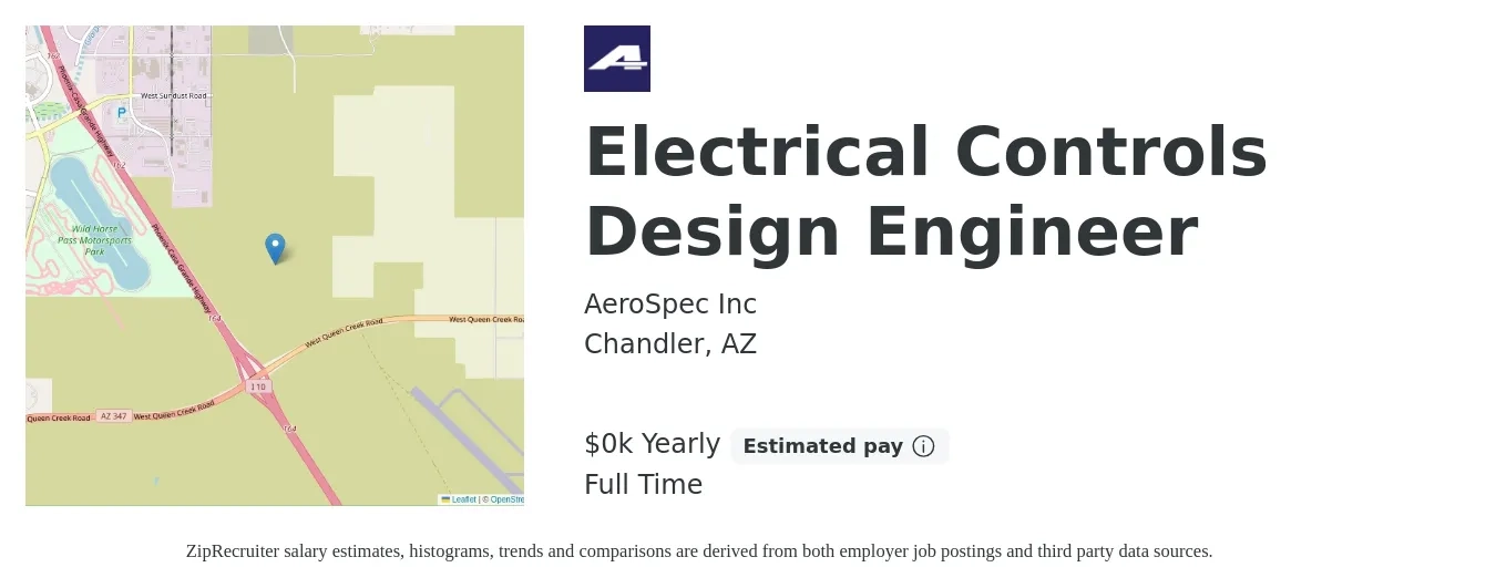 AeroSpec Inc job posting for a Electrical Controls Design Engineer in Chandler, AZ with a salary of $100 to $130 Yearly with a map of Chandler location.