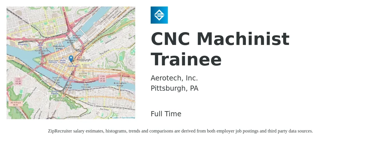Aerotech, Inc. job posting for a CNC Machinist Trainee in Pittsburgh, PA with a salary of $20 to $27 Hourly with a map of Pittsburgh location.