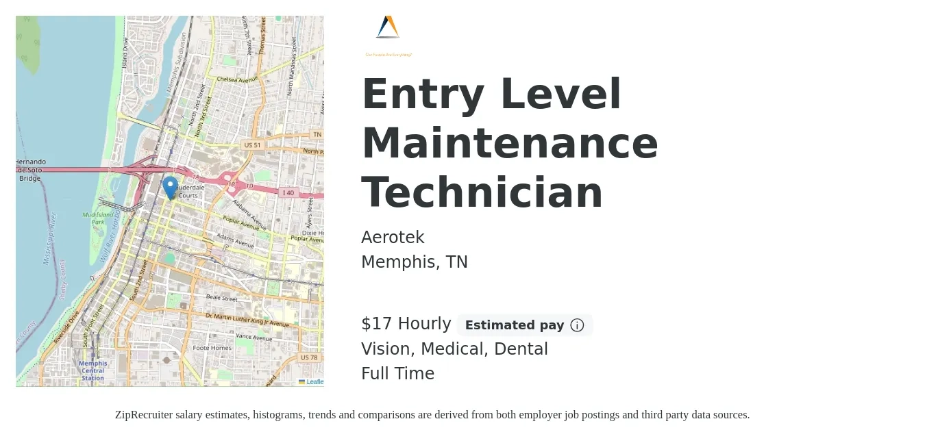 Aerotek job posting for a Entry Level Maintenance Technician in Memphis, TN with a salary of $18 Hourly and benefits including vision, dental, life_insurance, medical, and retirement with a map of Memphis location.