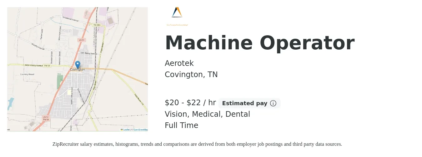 Aerotek job posting for a Machine Operator in Covington, TN with a salary of $21 to $23 Hourly and benefits including dental, life_insurance, medical, retirement, and vision with a map of Covington location.