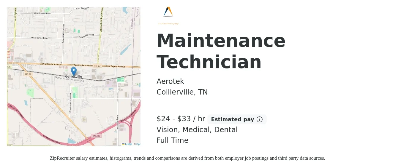 Aerotek job posting for a Maintenance Technician in Collierville, TN with a salary of $25 to $35 Hourly and benefits including dental, life_insurance, medical, retirement, and vision with a map of Collierville location.