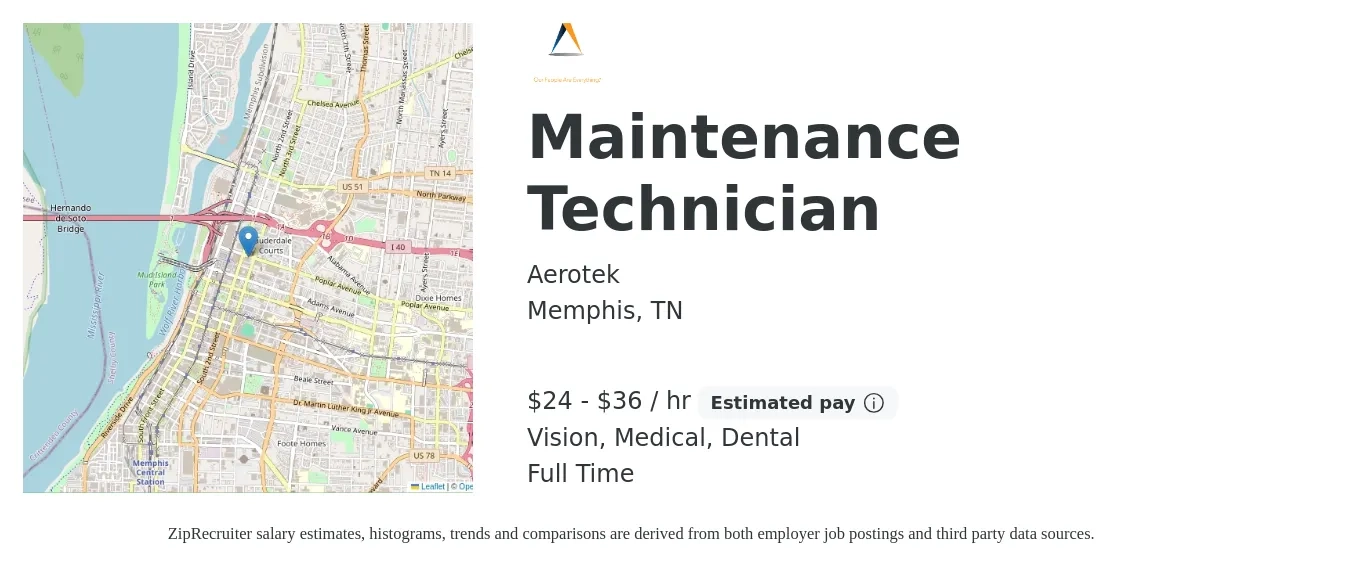 Aerotek job posting for a Maintenance Technician in Memphis, TN with a salary of $25 to $38 Hourly and benefits including dental, life_insurance, medical, retirement, and vision with a map of Memphis location.