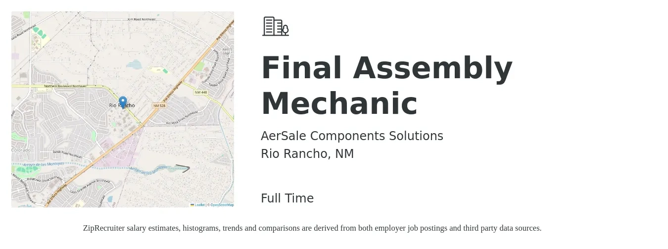 AerSale Components Solutions job posting for a Final Assembly Mechanic in Rio Rancho, NM with a salary of $20 to $33 Hourly with a map of Rio Rancho location.