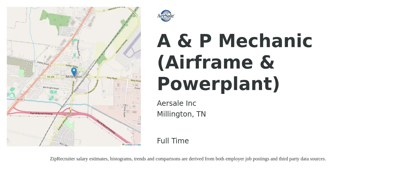 Aersale Inc job posting for a A & P Mechanic (Airframe & Powerplant) in Millington, TN with a salary of $27 to $35 Hourly with a map of Millington location.