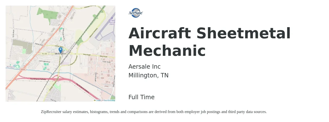 Aersale Inc job posting for a Aircraft Sheetmetal Mechanic in Millington, TN with a salary of $24 to $32 Hourly with a map of Millington location.