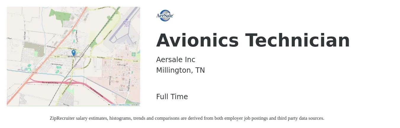 Aersale Inc job posting for a Avionics Technician in Millington, TN with a salary of $27 to $35 Hourly with a map of Millington location.