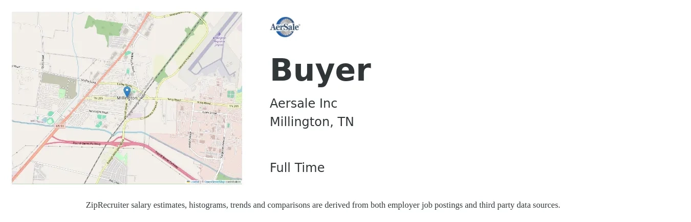 Aersale Inc job posting for a Buyer in Millington, TN with a salary of $51,000 to $73,300 Yearly with a map of Millington location.
