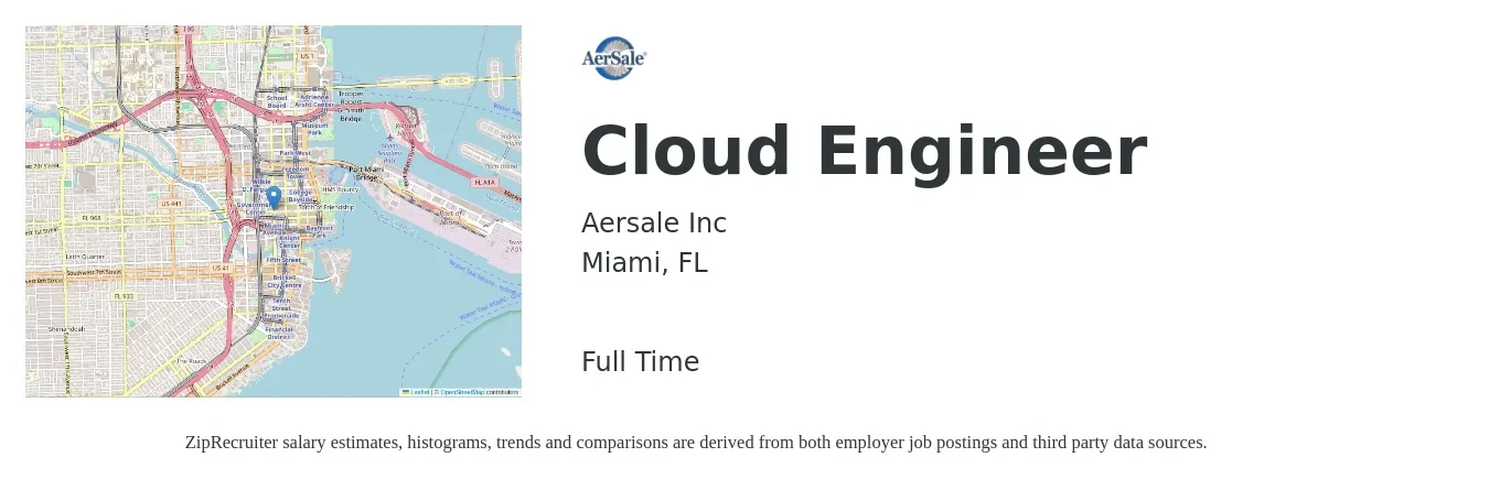 Aersale Inc job posting for a Cloud Engineer in Miami, FL with a salary of $53 to $71 Hourly with a map of Miami location.