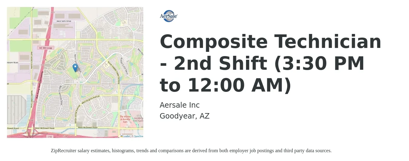Aersale Inc job posting for a Composite Technician - 2nd Shift (3:30 PM to 12:00 AM) in Goodyear, AZ with a salary of $20 to $28 Hourly with a map of Goodyear location.