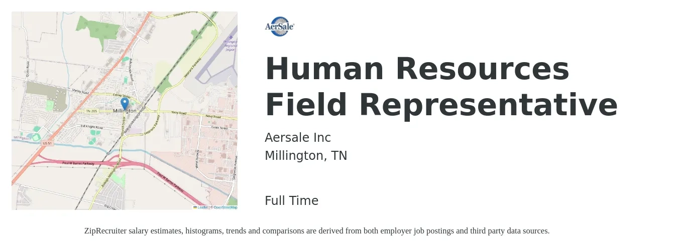 Aersale Inc job posting for a Human Resources Field Representative in Millington, TN with a salary of $19 to $29 Hourly with a map of Millington location.