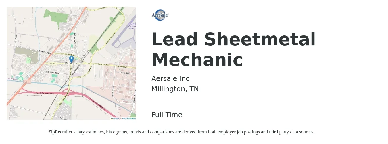 Aersale Inc job posting for a Lead Sheetmetal Mechanic in Millington, TN with a salary of $24 to $32 Hourly with a map of Millington location.