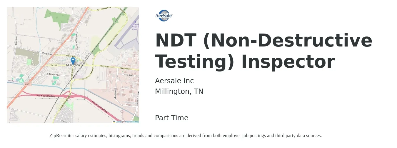 Aersale Inc job posting for a NDT (Non-Destructive Testing) Inspector in Millington, TN with a salary of $23 to $33 Hourly with a map of Millington location.