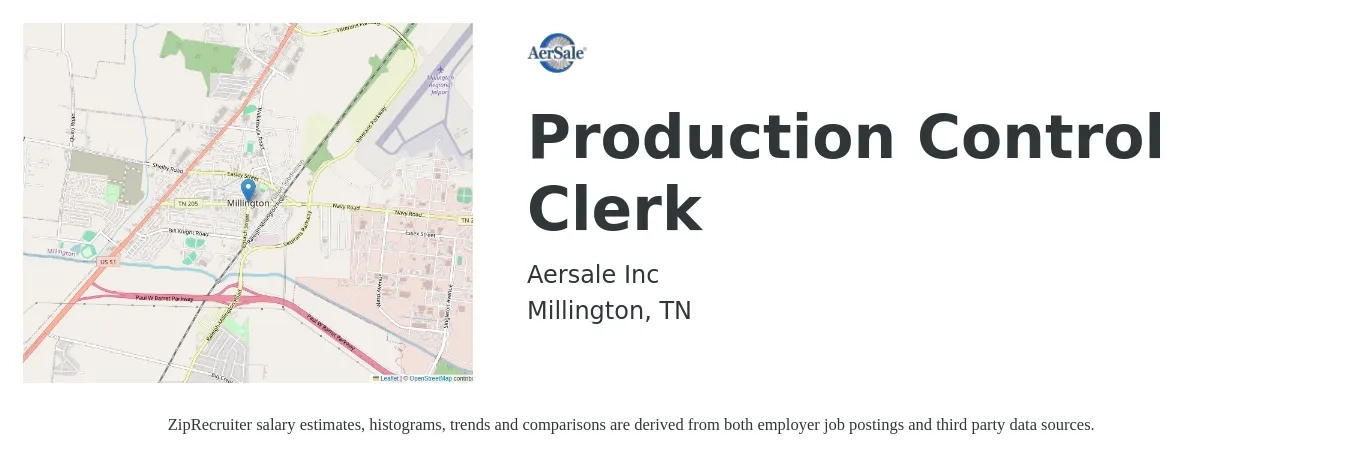 Aersale Inc job posting for a Production Control Clerk in Millington, TN with a salary of $11 to $17 Hourly with a map of Millington location.