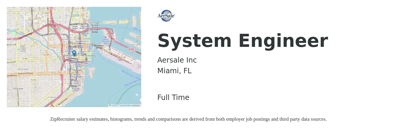 Aersale Inc job posting for a System Engineer in Miami, FL with a salary of $93,700 to $150,200 Yearly with a map of Miami location.