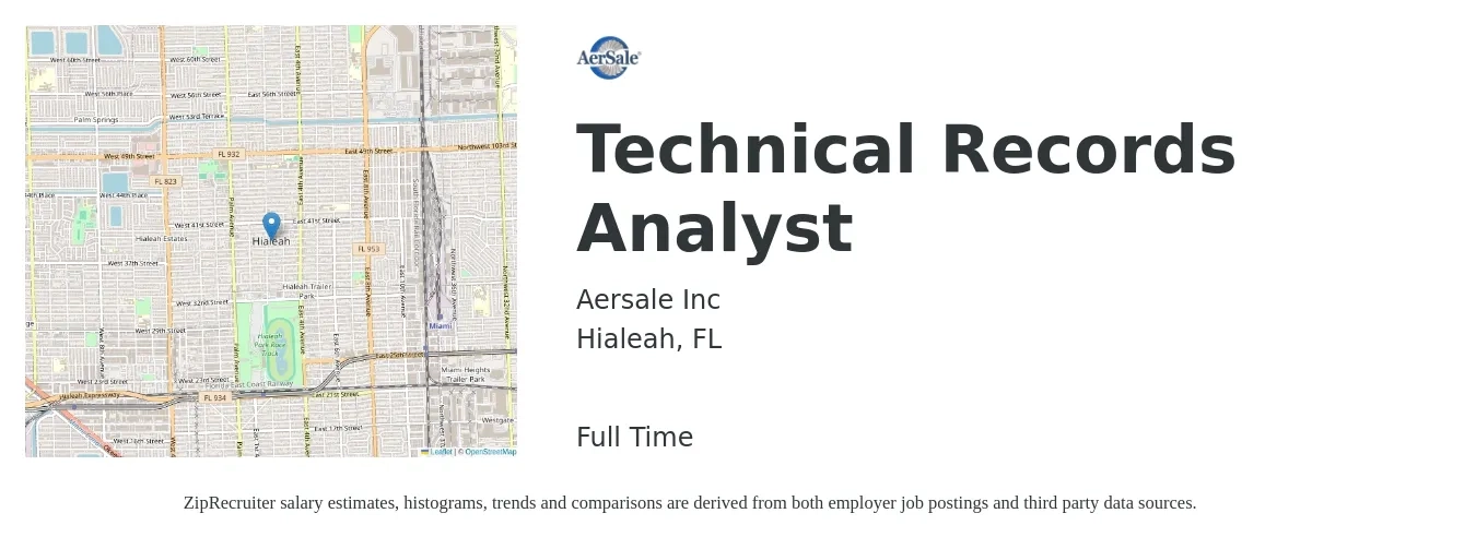 Aersale Inc job posting for a Technical Records Analyst in Hialeah, FL with a salary of $3,090 to $4,450 Monthly with a map of Hialeah location.
