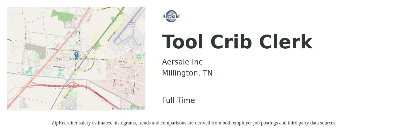 AerSale job posting for a Tool Crib Clerk in Millington, TN with a salary of $17 to $21 Hourly with a map of Millington location.
