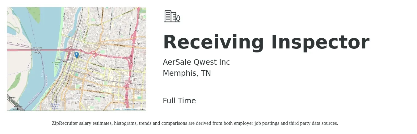 AerSale Qwest Inc job posting for a Receiving Inspector in Memphis, TN with a salary of $17 to $22 Hourly with a map of Memphis location.