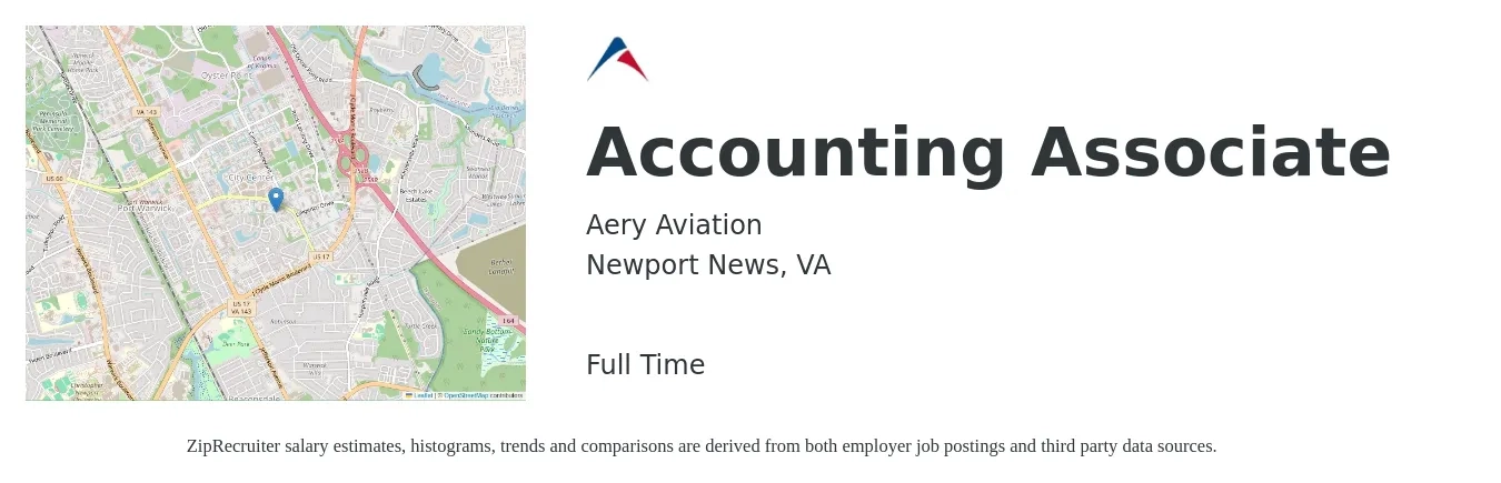 Aery Aviation job posting for a Accounting Associate in Newport News, VA with a salary of $19 to $26 Hourly with a map of Newport News location.