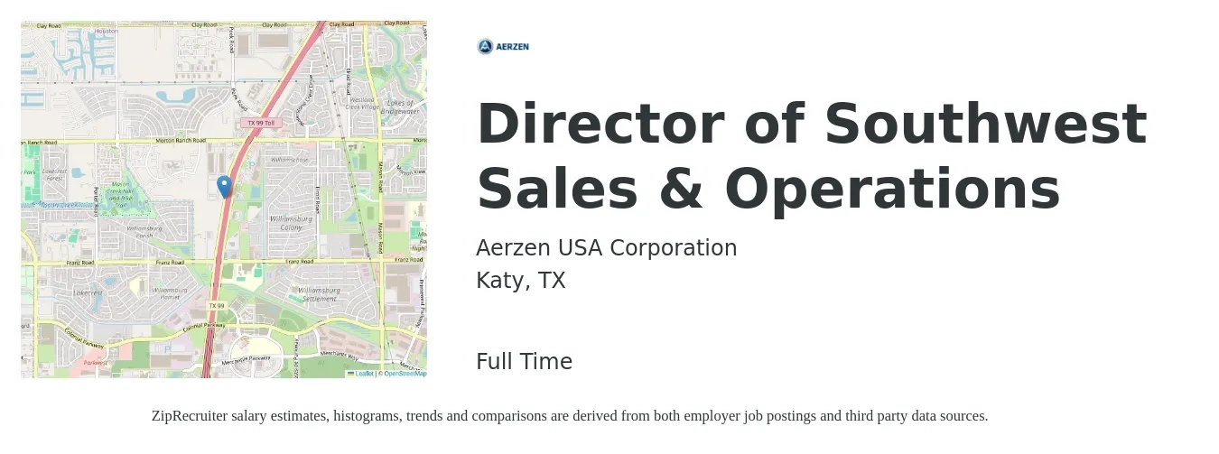 Aerzen USA Corporation job posting for a Director of Southwest Sales & Operations in Katy, TX with a salary of $86,700 to $150,900 Yearly with a map of Katy location.