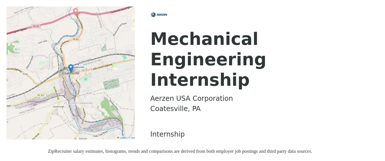 Aerzen USA Corporation job posting for a Mechanical Engineering Internship in Coatesville, PA with a salary of $18 to $25 Hourly with a map of Coatesville location.