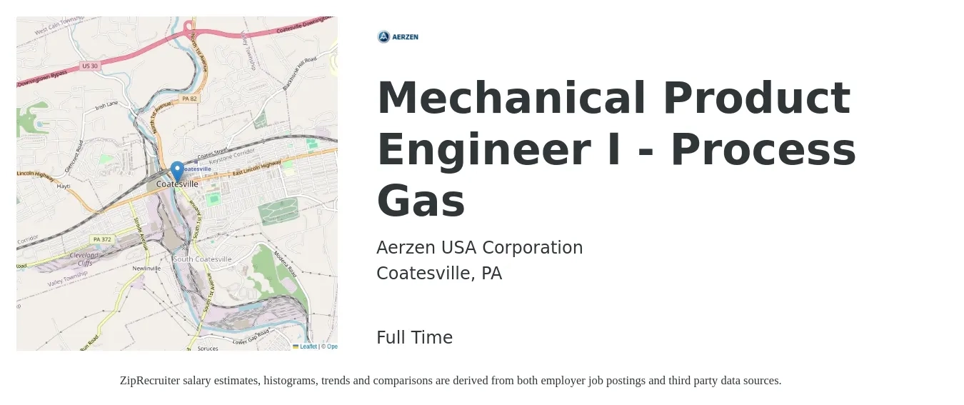 Aerzen USA Corporation job posting for a Mechanical Product Engineer I - Process Gas in Coatesville, PA with a salary of $78,400 to $101,900 Yearly with a map of Coatesville location.
