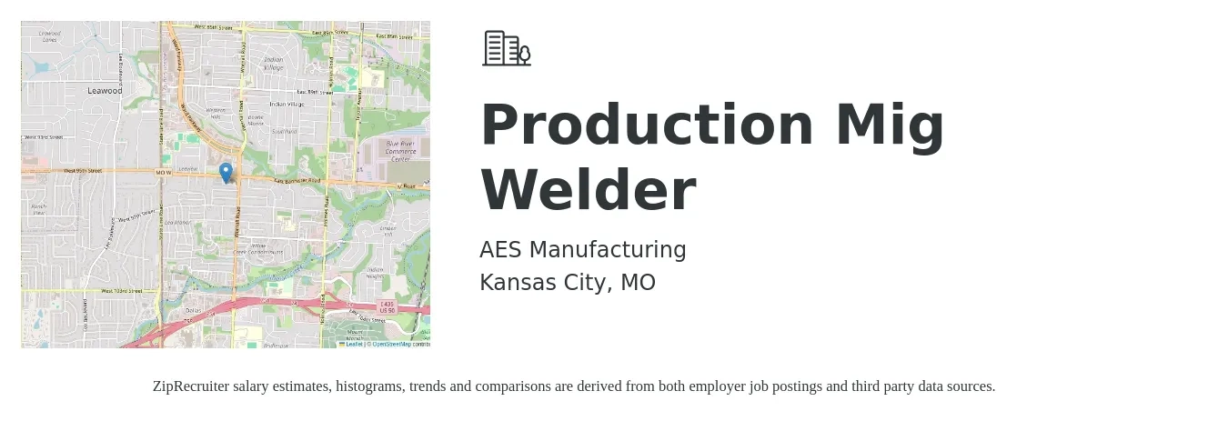 AES Manufacturing job posting for a Production Mig Welder in Kansas City, MO with a salary of $40,000 to $55,000 Yearly with a map of Kansas City location.