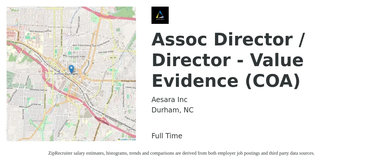 Aesara Inc job posting for a Assoc Director / Director - Value Evidence (COA) in Durham, NC with a salary of $85,800 to $142,300 Yearly with a map of Durham location.
