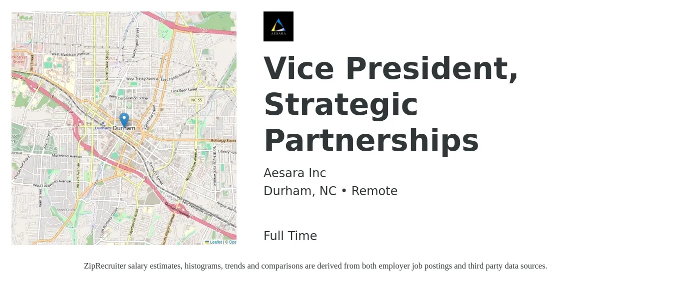 Aesara Inc job posting for a Vice President, Strategic Partnerships in Durham, NC with a salary of $108,400 to $179,100 Yearly with a map of Durham location.