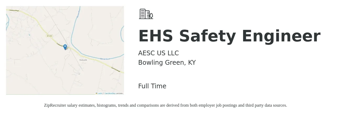 AESC US LLC job posting for a EHS Safety Engineer in Bowling Green, KY with a salary of $71,600 to $94,100 Yearly with a map of Bowling Green location.