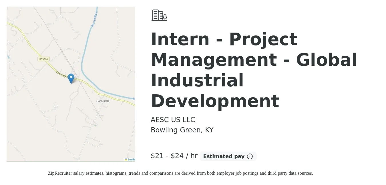 AESC US LLC job posting for a Intern - Project Management - Global Industrial Development in Bowling Green, KY with a salary of $22 to $25 Hourly with a map of Bowling Green location.