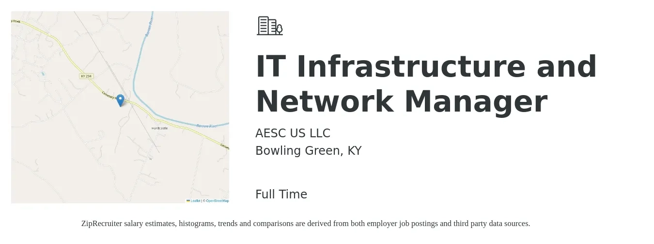 AESC US LLC job posting for a IT Infrastructure and Network Manager in Bowling Green, KY with a salary of $96,100 to $143,600 Yearly with a map of Bowling Green location.