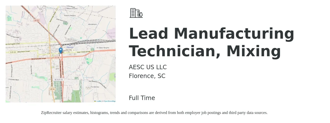 AESC US LLC job posting for a Lead Manufacturing Technician, Mixing in Florence, SC with a salary of $21 to $30 Hourly with a map of Florence location.