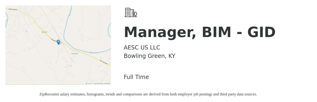 AESC US LLC job posting for a Manager, BIM - GID in Bowling Green, KY with a salary of $73,500 to $129,900 Yearly with a map of Bowling Green location.