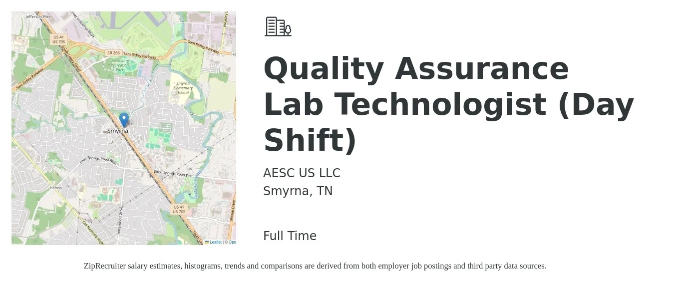 AESC US LLC job posting for a Quality Assurance Lab Technologist (Day Shift) in Smyrna, TN with a salary of $18 to $23 Hourly with a map of Smyrna location.