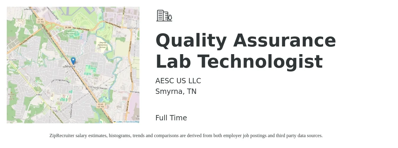AESC US LLC job posting for a Quality Assurance Lab Technologist in Smyrna, TN with a salary of $17 to $24 Hourly with a map of Smyrna location.