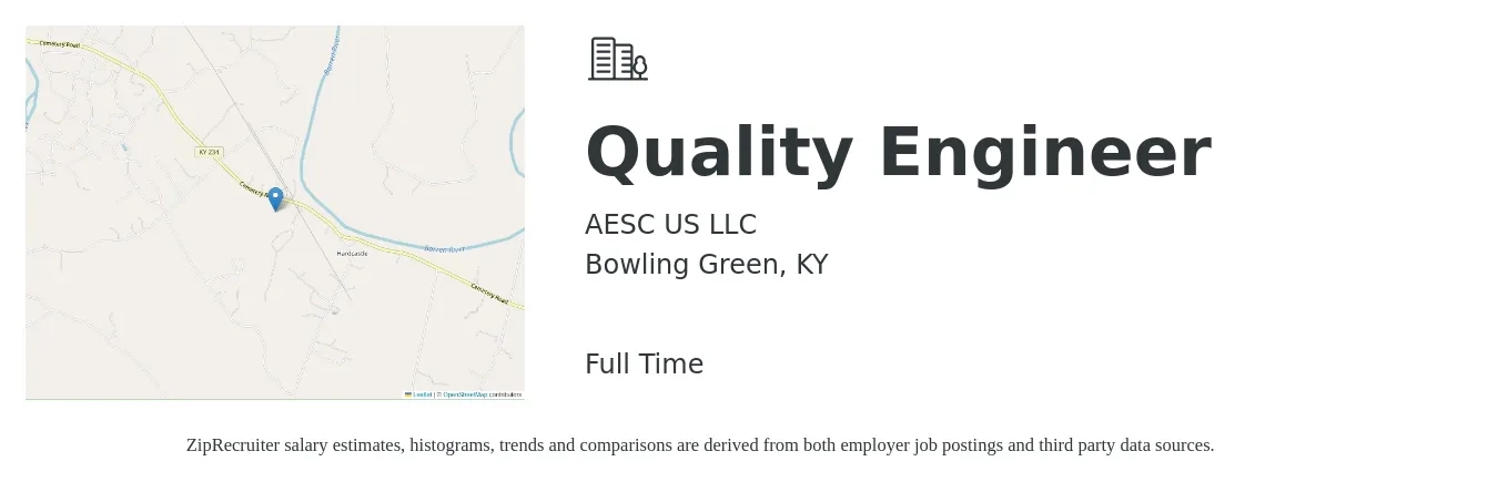 AESC US LLC job posting for a Quality Engineer in Bowling Green, KY with a salary of $70,600 to $91,200 Yearly with a map of Bowling Green location.