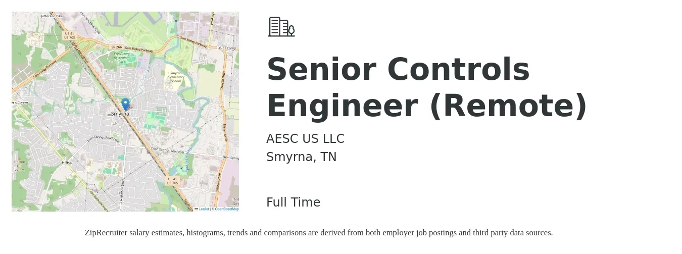 AESC US LLC job posting for a Senior Controls Engineer (Remote) in Smyrna, TN with a salary of $90,500 to $119,400 Yearly with a map of Smyrna location.
